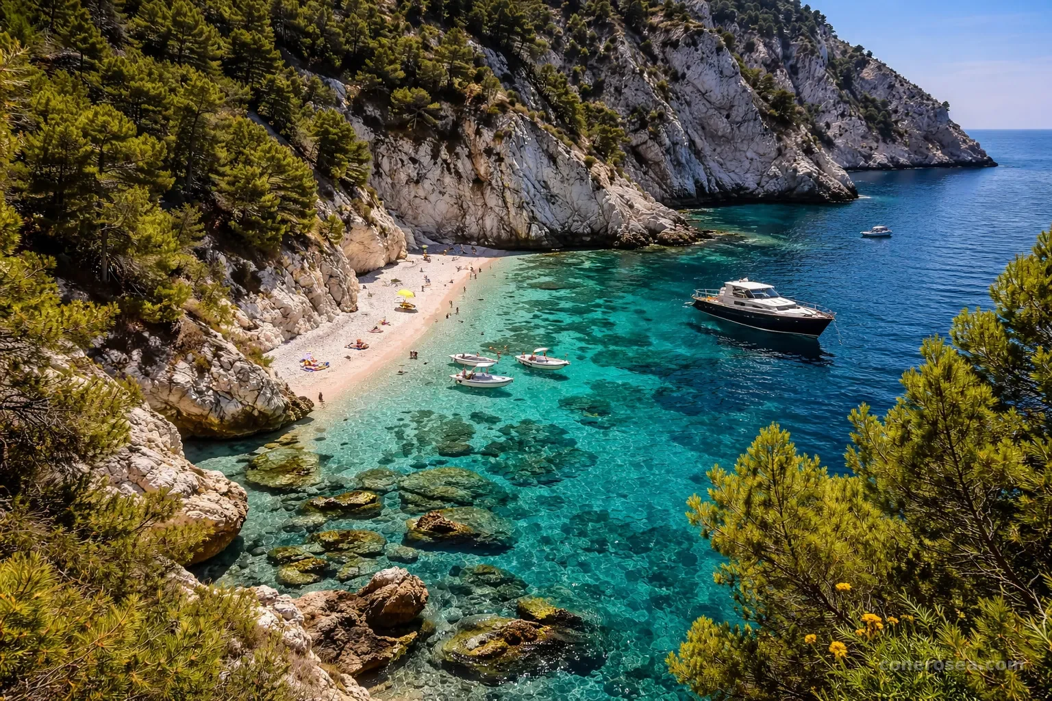 Una caletta segreta della Riviera del Conero con spiaggia di ciottoli e acqua color smeraldo, raggiungibile solo via mare