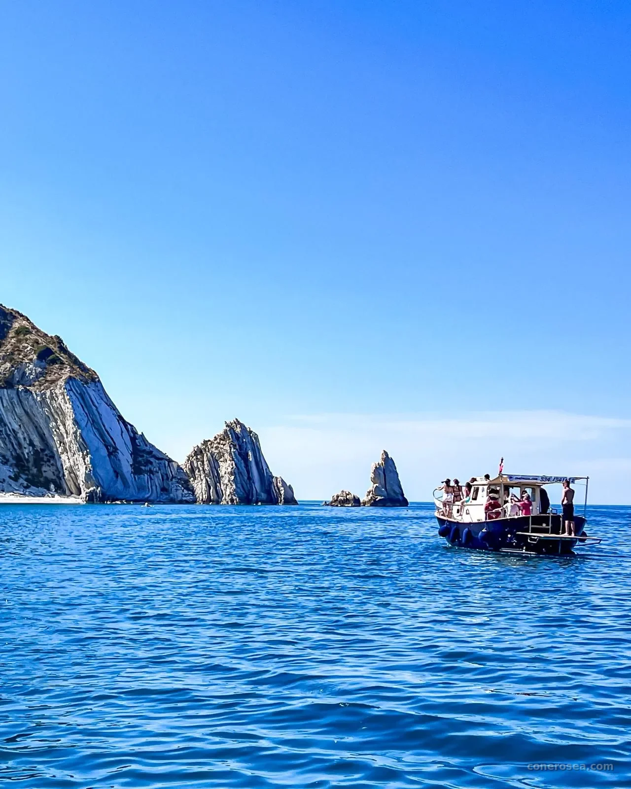 La barca con gli ospiti in navigazione davanti alle falesie bianche e ai faraglioni del Conero
