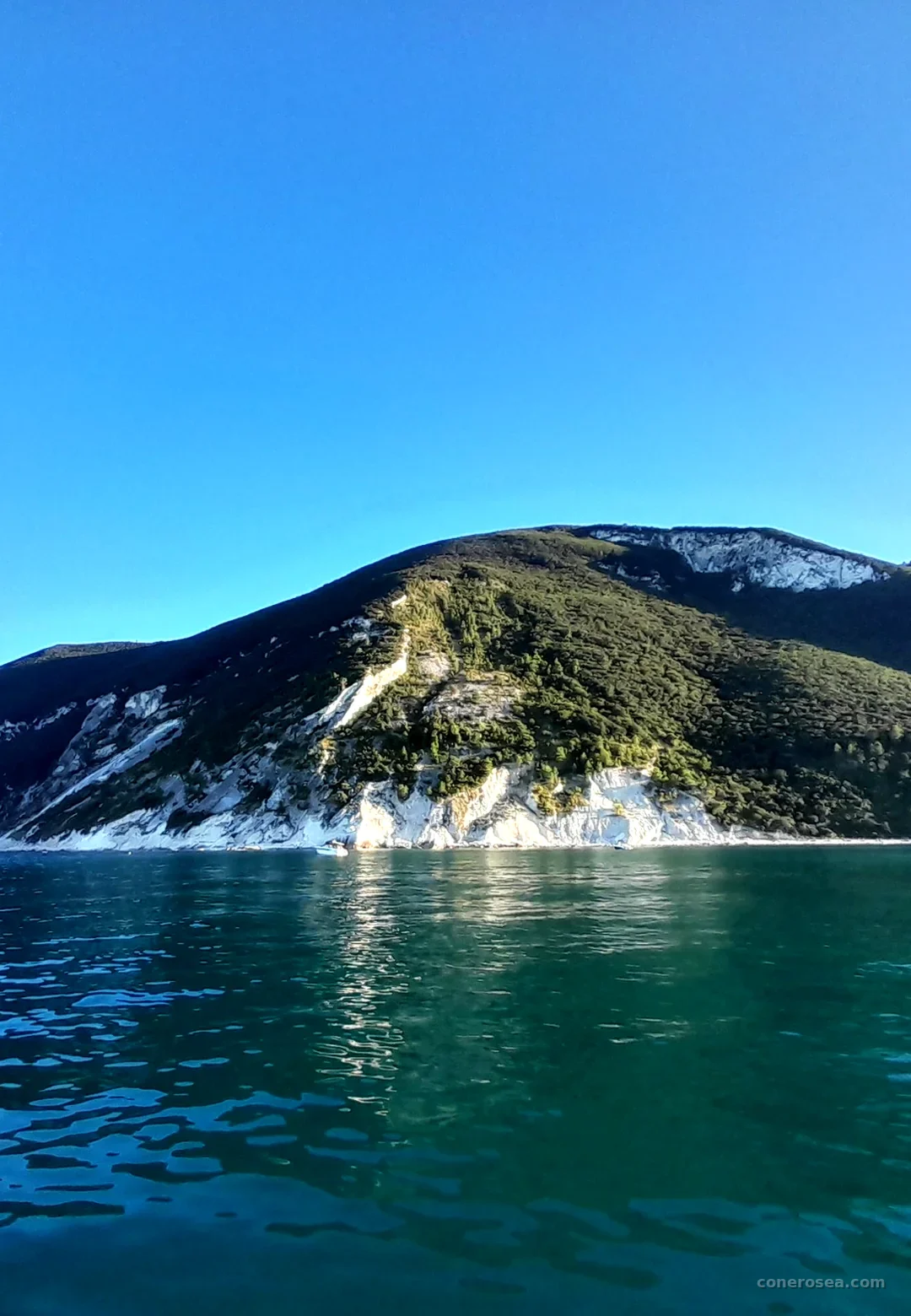 Il profilo del Monte Conero che scende a picco sull'Adriatico, visto dal mare durante la gita full day