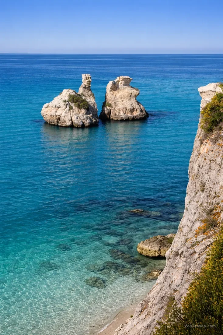 I due faraglioni gemelli delle Due Sorelle, simbolo della Riviera del Conero, che emergono dal mare